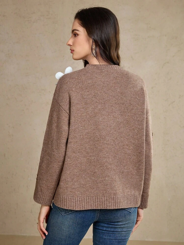 Women's Elegant 3D Floral Round Neck Loose Knit Sweater, Autumn