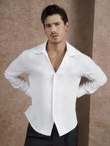 Core Aspect Camisa de manga larga con cuello de gaviota poco convencional y forro único para hombres, camisa de botones de manga larga de puro algodón con gran solapa y cuello de gaviota en color blanco puro para hombres, individual y de moda, camisa de lino blanca de manga, diseño minimalista, sensación de alta gama, casual urbano, primera opción para el transporte diario y salir, otoño - Blanco - Ver 7