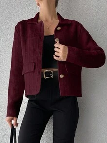 EURMUSE 女士纯色前扣长袖简约衬衫，休闲日常穿着 - 酒紅色 - 查看 4