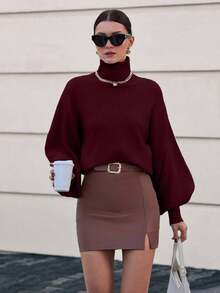 EURMUSE Solid Color High Neck Floral Lace Knitted Elegant Long Sleeve Sweater - Burgundy - View 4