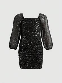 SHEIN Young Girl Knitted Puff Sleeve Square Neck Casual Dress - Black - View 5