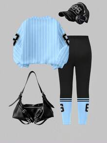SHEIN 女孩休闲时尚创意公主风格返校数字 86 和字母图形印花运动衫和紧身裤套装，适合秋冬季 - 彩色 - 查看 2