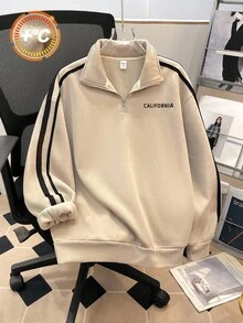 SHEIN 青少年女孩卡其色针织半拉链领宽松休闲学院风英伦印花运动衫秋冬女孩衣服 - 卡其色 - 查看 6