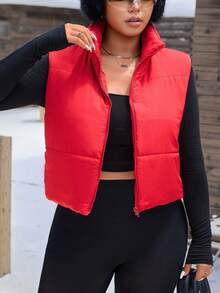 SHEIN EZwear Plus Zip  Vest Coat, For Winter Fall Autumn - Red - View 10