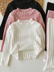 SHEIN Set 6 Potong Bayi Perempuan Hitam Putih, Musim Gugur, Lucu, Seragam Keluarga, Atasan dan Celana Rajut Bergaris Warna Polos, Set Sweater Lengan Panjang Lembut untuk Musim Dingin - MultiWarna - View 7