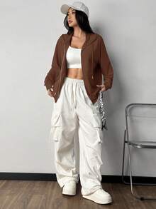 SHEIN EZwear 慕斯棕色针织女士休闲纯色连帽衫 秋冬棕色拉链连帽衫 - 棕色 - 查看 3
