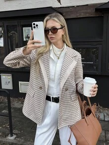 Elyressa 女士千鸟格双排扣休闲日常通勤时尚法式街头复古优雅百搭派对假日商务卡其色长袖大衣外套，秋冬款 - 卡其色 - 查看 4
