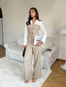 SHEIN Tall Bộ đồ hai mảnh vải lanh giả màu mơ thanh lịch và giản dị cùng quần ống đứng rộng rãi dành cho nữ / Quần áo mùa thu dành cho nữ / Trang phục đi làm / Trang phục giáo viên / Mùa tựu trường / Phong cách cổ điển / Trang phục công sở dành cho nữ / Trang phục công sở dành cho nữ - Màu Khaki - Xem 5