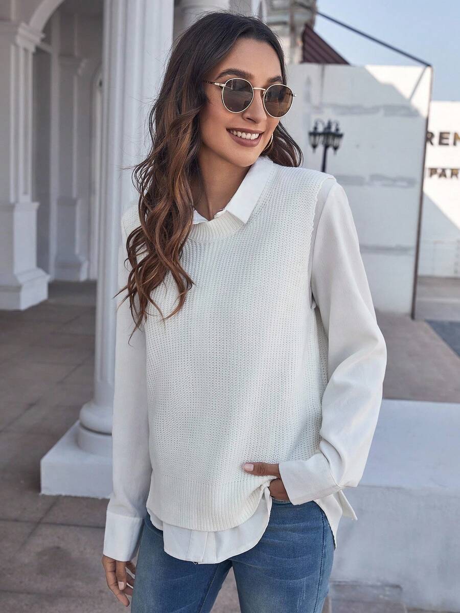 EMERY ROSE Women's Solid Color Round Neck Casual Versatile Knitted Vest, Autumn