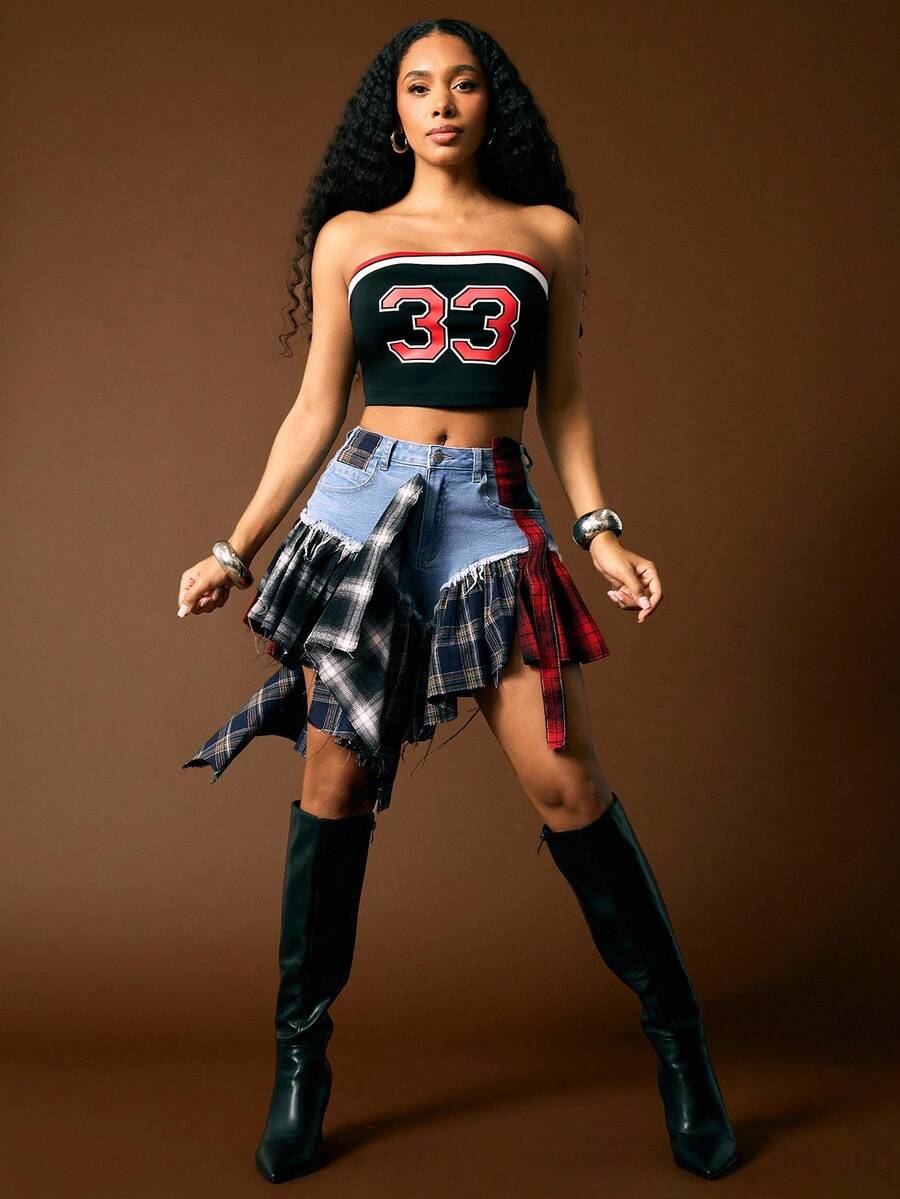 Vixey 混合格纹法兰绒弹力牛仔短裤 - 彩色 - 查看 1