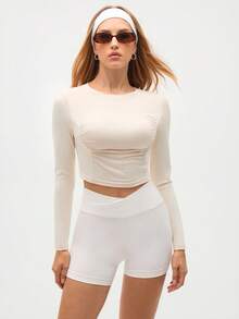SHEIN Sports 女式纯色褶皱修身长袖运动 T 恤，春/秋 - 杏色 - 查看 4