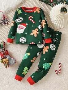 SHEIN 2 sztuki/zestaw chłopięcy zielony piernikowy ludzik świąteczny kolor miękki polar o wysokiej elastyczności długi rękaw top i spodnie dopasowany zestaw domowy