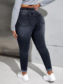 Slaydiva Plus Size Casual Washed High Waist Slim Fit Jeans - Dark Wash - View 2
