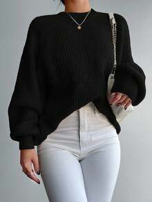 EURMUSE Jersey unicolor tejido de canalé de manga murciélago - Negro - Ver 3