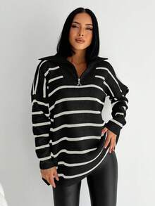 EURMUSE Striped Pattern Drop Shoulder Polo Neck Sweater - Black - View 4