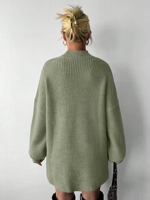 EURMUSE 女士休闲纯色短前长后长毛衣，秋冬款 - 薄荷綠 - 查看 2