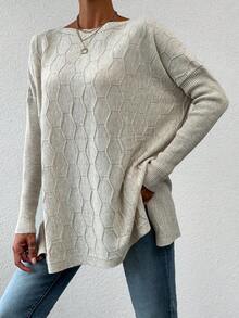 EURMUSE Solid Drop Shoulder Split Hem Sweater - Beige - View 3