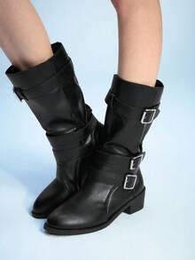 Sugerpunk 女式尖头粗跟扣带西部及膝靴，朋克哥特街头摩托车中筒靴 - 黑色 - 查看 4