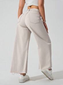 SHEIN ICON Quần jean ống đứng cạp chun viền tua rua cỡ lớn cho nữ, màu xám nhạt - Màu be - Xem 2