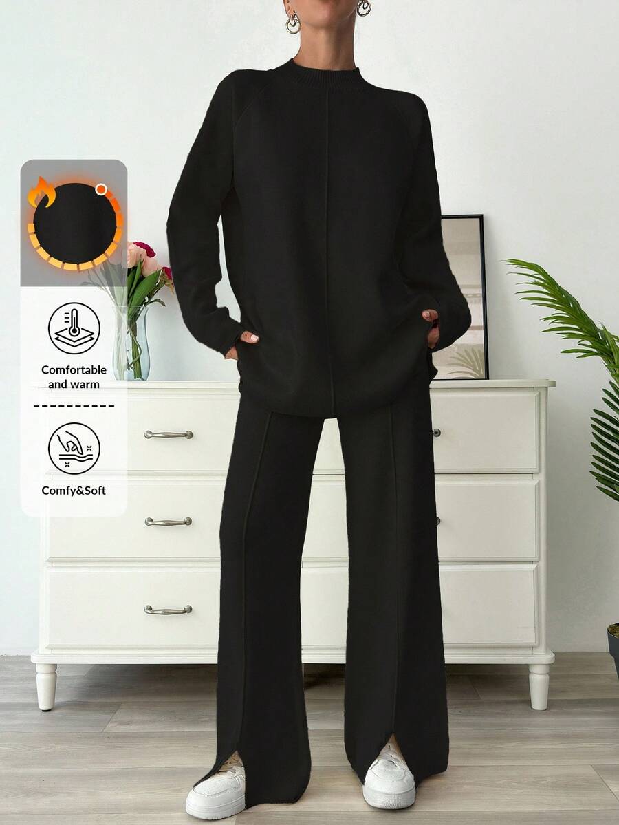 EURMUSE Women Solid Stand Collar Long Sleeve Sweater And Knit Pants Casual Suit, Autumn - Black - View 1