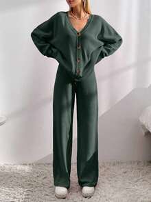 EURMUSE Drop Shoulder Cardigan & Tie Front Knit Pants - Dark Green - View 3