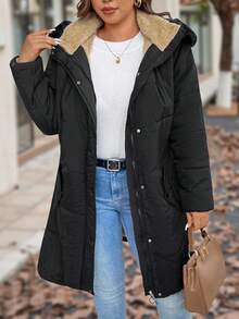 SHEIN Women Plus Size Mid-Length Hooded Coat With Fur Collar, Autumn/Winter - Black - View 3