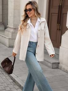 SHEIN LUNE Women's Casual Solid Color Long Sleeve Utility Pocket Jacket, Autumn/Winter Cream Outfit Women Shackets For Women White Jacket For Women Neutral Clothes For Womenfall Clothes For Women Winter Clothes For Women Business Casual Woman Work Outfits For Women Women's Winter Jacket