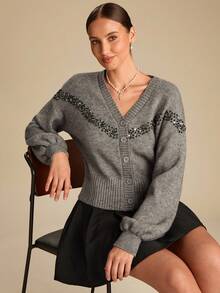 Enchnt Cardigan lavorato a maglia con scollo a goccia, maniche lunghe e perline, casual, adatto per l'autunno, da donna