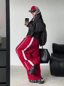 POPSWAY Plus Size Fashionable Casual Sports Cargo Pants - Burgundy - View 4