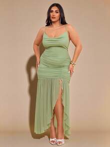 SHEIN BAE 大码女式绿色优雅垂坠领长开衩连衣裙，秋冬 - 綠色 - 查看 3