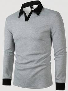 Manfinity Homme 男士休闲通勤撞色长袖Polo衫，时尚上衣，V领日常休闲上衣，适合周末旅行、户外活动、探险旅行、轻松的工作环境或半正式场合，也是送给男友/丈夫、周年纪念日和秋季的理想礼物。 - 灰色 - 查看 6