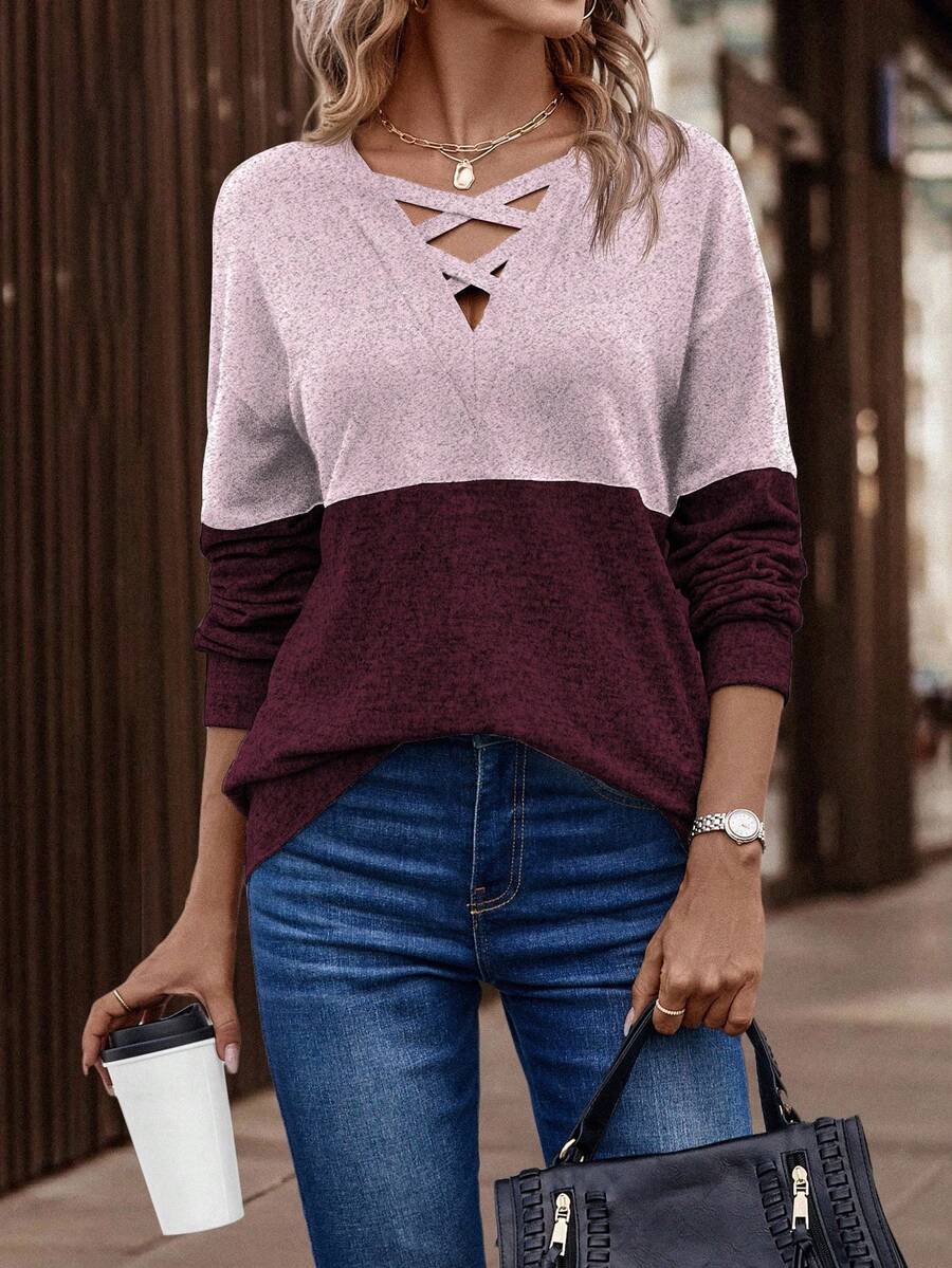 SHEIN LUNE Casual Color Block Drop Shoulder Sweatshirt, Autumn - Multicolor - View 1