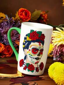 Frida Kahlo X SHEIN 1个13.53盎司/400毫升陶瓷马克杯，印有人物图案，耐热耐冷，可用于微波炉和洗碗机，适用于盛装水、牛奶、果汁、咖啡等。优雅艺术风格，适合亡灵节、亡灵节、亡灵节、骷髅与花卉、万寿菊、糖骷髅、蜡烛、墨西哥万寿菊等主题。 - 彩色 - 查看 3