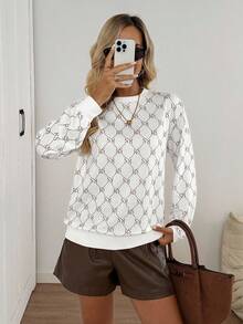 Easowa Women's Geometric & Letter Print Knit Pullover T-Shirt, Casual Loose Elegant Commuter Vintage Style Long Sleeve Top White Blouse White Sweater White Long Sleeve Top White Knit Top Autumn Winter Clothes For Women