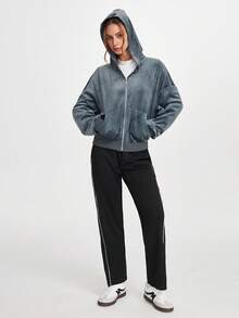 SHEIN Sports 女式纯色落肩长袖前拉链连帽运动夹克 - 灰色 - 查看 1