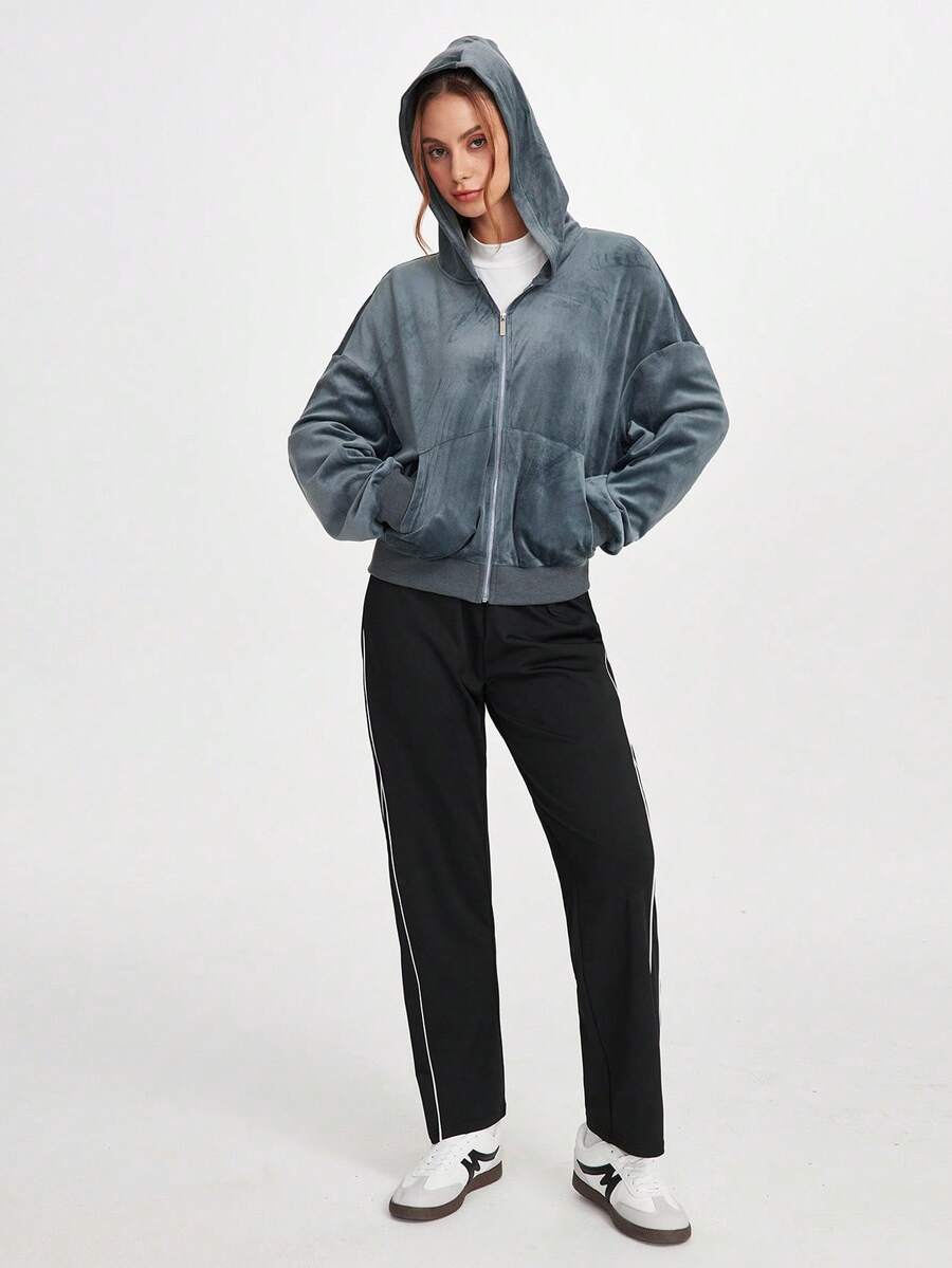 SHEIN Sports 女式纯色落肩长袖前拉链连帽运动夹克 - 灰色 - 查看 1