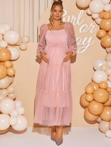 Loomaby 孕妇拼接网眼圆领长袖连衣裙 - 粉色 - 查看 6