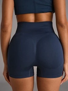 SHEIN BAE Seamless High Stretch Wide Waistband Sports Shorts Legging Shorts Blue ShortsWomen Sweat Short, Gym Short, Biker Short - Navy Blue - View 2