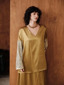 Uhlyne Uhlyne Women's Elegant Champagne Autumn V-Neck Acetate-Like Beaded Sleeve Loose Oversized Top,Luxurious Dropped Shoulder Splice Top For Dinner Parties - Gold - View 7