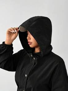 SHEIN EZwear Plus Size Hooded Water-Resistant Long Windbreaker, Autumn/Winter - Black - View 6