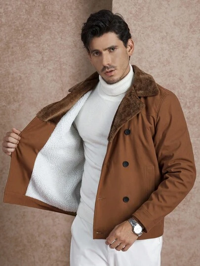 Core Aspect Men's Thermal Lined Thickened Jacket, Casual Loose Fit Double-Breasted Design, Comfortable Casual Vacation Wear, Suitable For Autumn/Winter Daily Wear, Couple Matching Jacket,2025 New Men's Autumn And Winter Bestsellers, Versatile Outerwear And Overcoats,Men's Fleece And Thickened Warm Large Lapel Woolen Collar Classic Double-Breasted Jacket