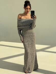 Aloruh Vestido largo de mujer elegante con hombros descubiertos y falso pelo, para otoño/invierno - Caqui - Ver 1