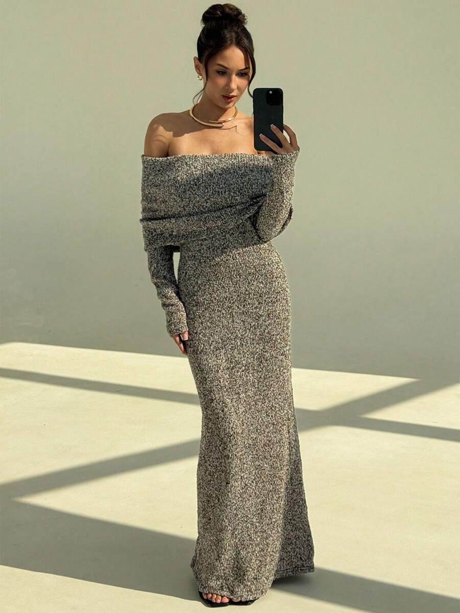 Aloruh Vestido largo de mujer elegante con hombros descubiertos y falso pelo, para otoño/invierno - Caqui - Ver 1
