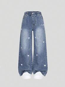 SHEIN Denimly 新款春夏女款宽松浅蓝色牛仔阔腿牛仔裤，柔软的牛仔面料如云朵般包裹，爱心刺绣细节，松紧腰身设计穿着舒适，适合校园、街头、约会、户外活动、日常穿着 - 深色水洗藍 - 查看 9