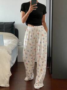 DAZY 2 pièces Ensemble de pyjama femme avec pantalon ample à imprimé fraise et haut à manches courtes de couleur unie