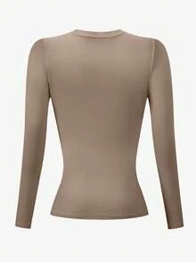 INAWLY Camiseta de manga larga de unicolor informal para mujer de talla grande - Camel - Ver 2
