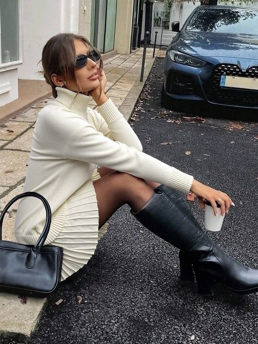 SHEIN Clasi 女式纯色高领落肩长袖毛衣和褶皱针织中长裙两件套，秋冬 - 白色 - 查看 1