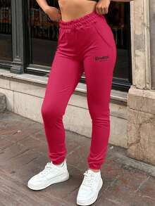 EURMUSE Text Pattern Elastic Waist & Cuffed Hem Sports Pants - Pink - View 1
