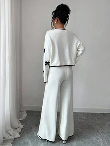 SHEIN Elenzya 女士宽松休闲圆领蝴蝶结提花毛衣和阔腿裤两件套，秋冬 - 杏色 - 查看 2