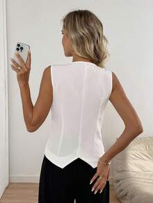 Easowa 秋冬女式纯色前扣无袖西装外套 - 白色 - 查看 2